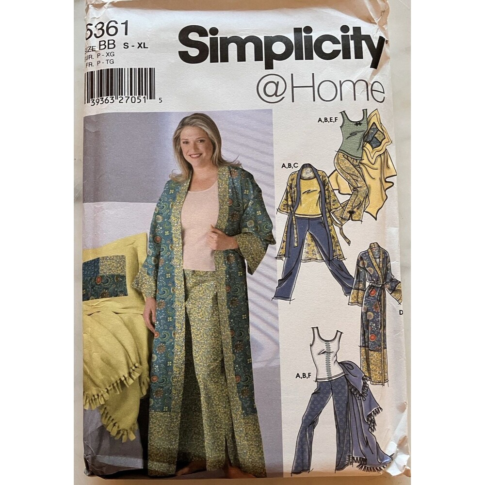 Simplicity Robe,Pants,Top,Blanket,Pillow‎ Cover Pattern 5361 Size S-XL UNCUT